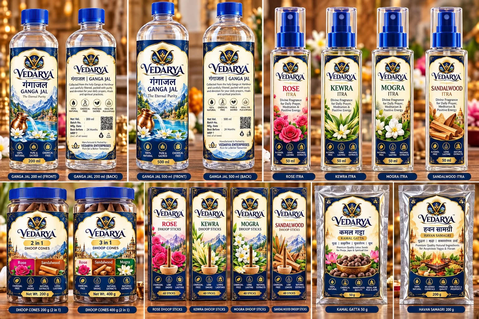 Vedarya collection of Gangajal, dhoop, itra, Kamal Gatta and havan essentials